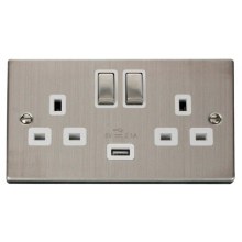 Click VPSS570WH 13A 2 Gang Switched Stainless Steel Socket with USB