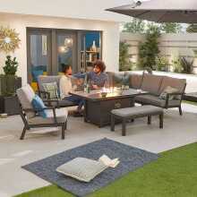 Nova Vogue Corner Dining Set With Firepit Table &amp; Lounge Chair &amp; Bench Grey (Home Delivery)